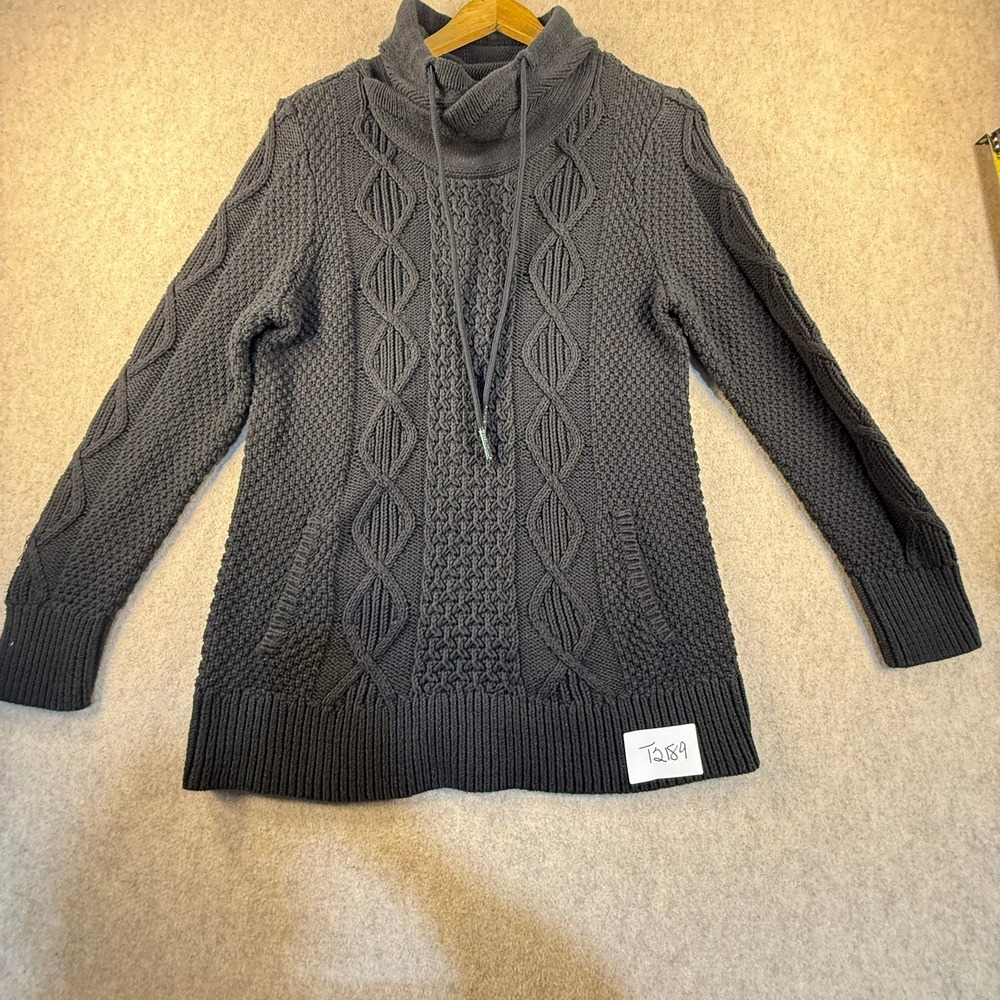 LL Bean Signature Womens Gray Cable Knit Sherpa Lined Cowl Neck Sweater M